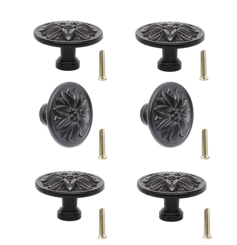 binifiMux 6-Pack Black Vintage Flower Cabinet Drawer Pulls Knobs, Flower Embossing, Dresser Handles, Single Hole - Image 1
